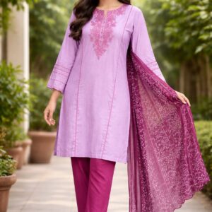 Sapphire Embroidered Lawn 3 Piece Suit – Lavender Shirt with Magenta Trouser & Dupatta