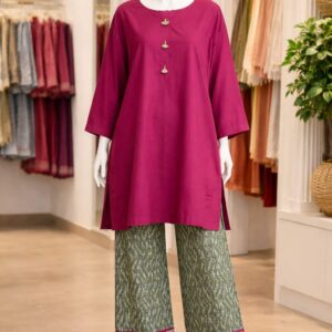 Sapphire Lawn 2 Piece Suit – Magenta Shirt with Printed Green Trouser