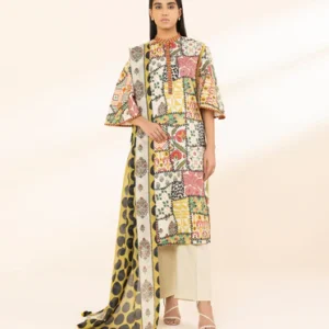 SAPPHiRE 3pc Printed Cotton Suit - Printed Textured Voile dupatta