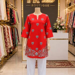 Sapphire Red Heart Print 2-Piece Kurta Shalwar Set – Extra Small