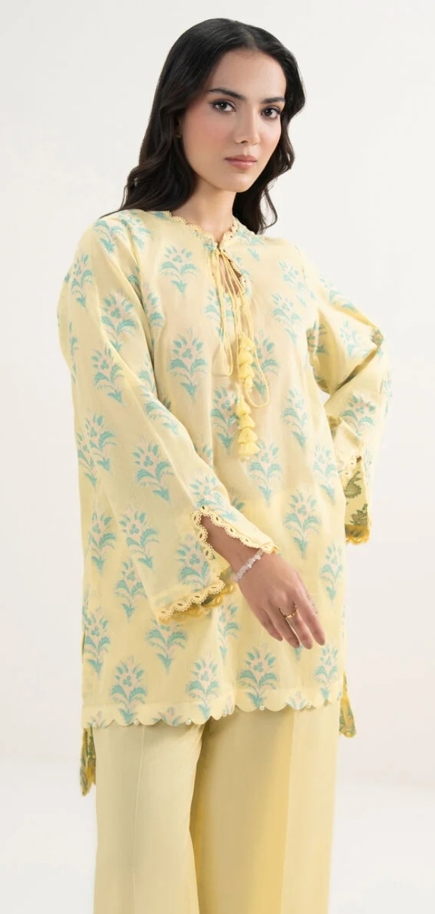 Cream Blue Floral Printed 2-Piece Lawn Suit | Jacquard Kurta with Blue Palazzo