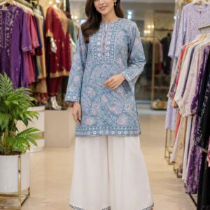 Sapphire Inspired Printed 2-Piece Lawn Suit – Sky Blue Floral Design with White Palazzo | Medium Size