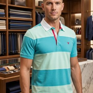 Men's Premium Multi-Tone Teal Striped Polo Shirt: Sophisticated Casual Wear