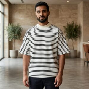Men's Premium Cream and Black Striped Mock Neck Oversized T-Shirt – Modern Minimalist Streetwear