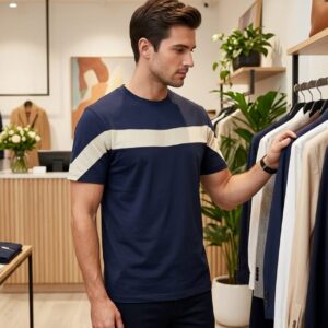 Men’s Navy Blue & Beige Contrast Stripe T-Shirt | Modern Premium Casual Wear