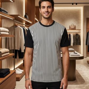 Modern Black & White Striped Contrast T-Shirt – Premium Men’s Casual Wear