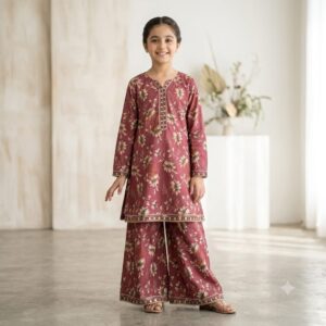 Girls Maroon Floral Printed Kurta Palazzo Set with Embroidered Neckline – Stylish Pakistani Kids Ethnic Dress