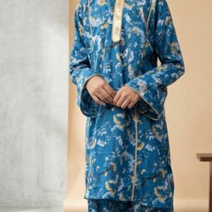 Girls Blue Floral Printed Kurta Palazzo Set with Elegant Embroidered Neckline – Ethnic Pakistani Kids Dress
