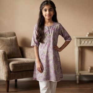 Girls Lavender Floral Printed Kurti with White Trousers – Elegant Casual & Festive Kids Ethnic Wear